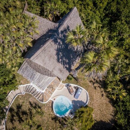 Drone picture of a room with pool in the forest.